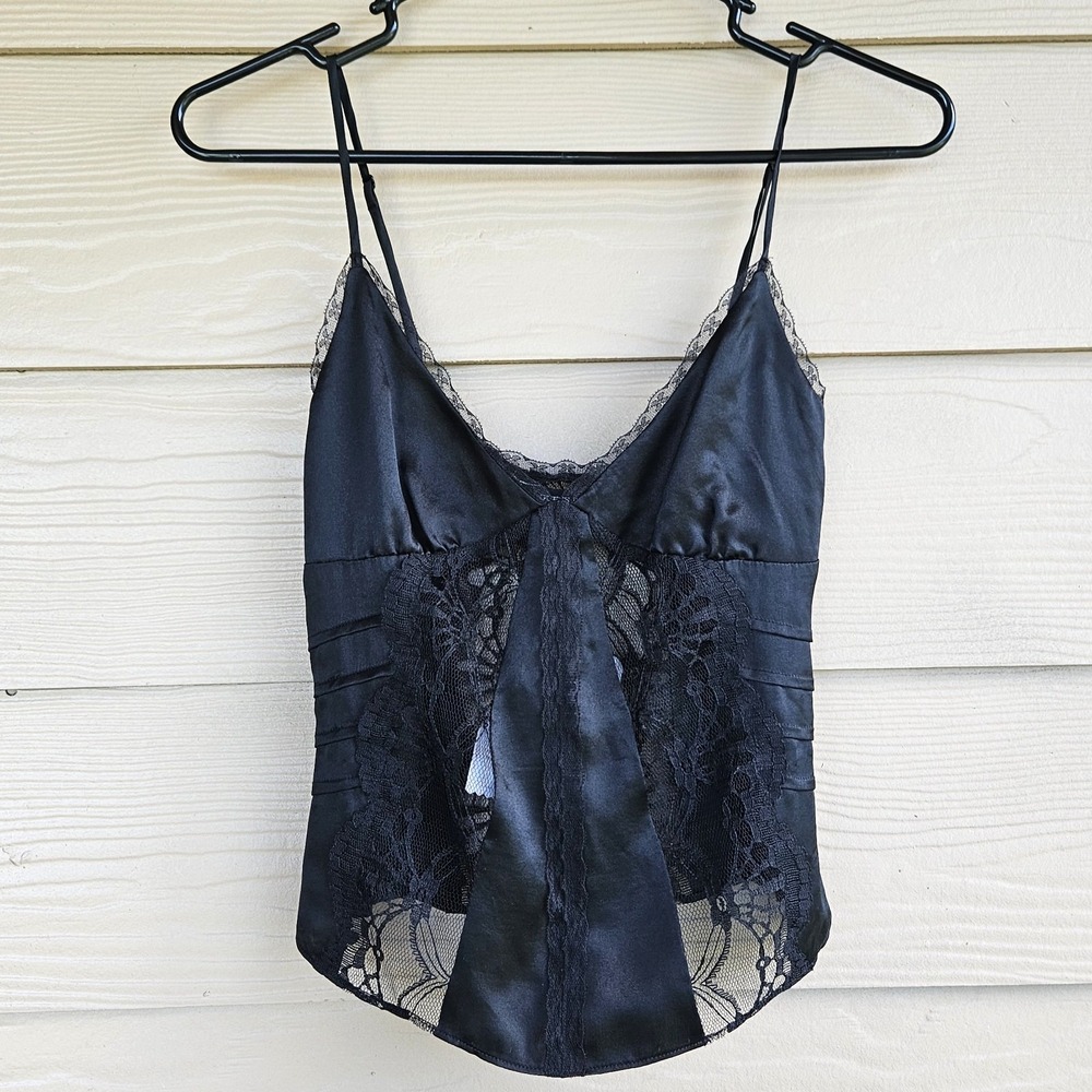 Vtg Y2K Silk Lace Coquette Exquisite Black Cami Sz XS Adjustable Shoulder Straps